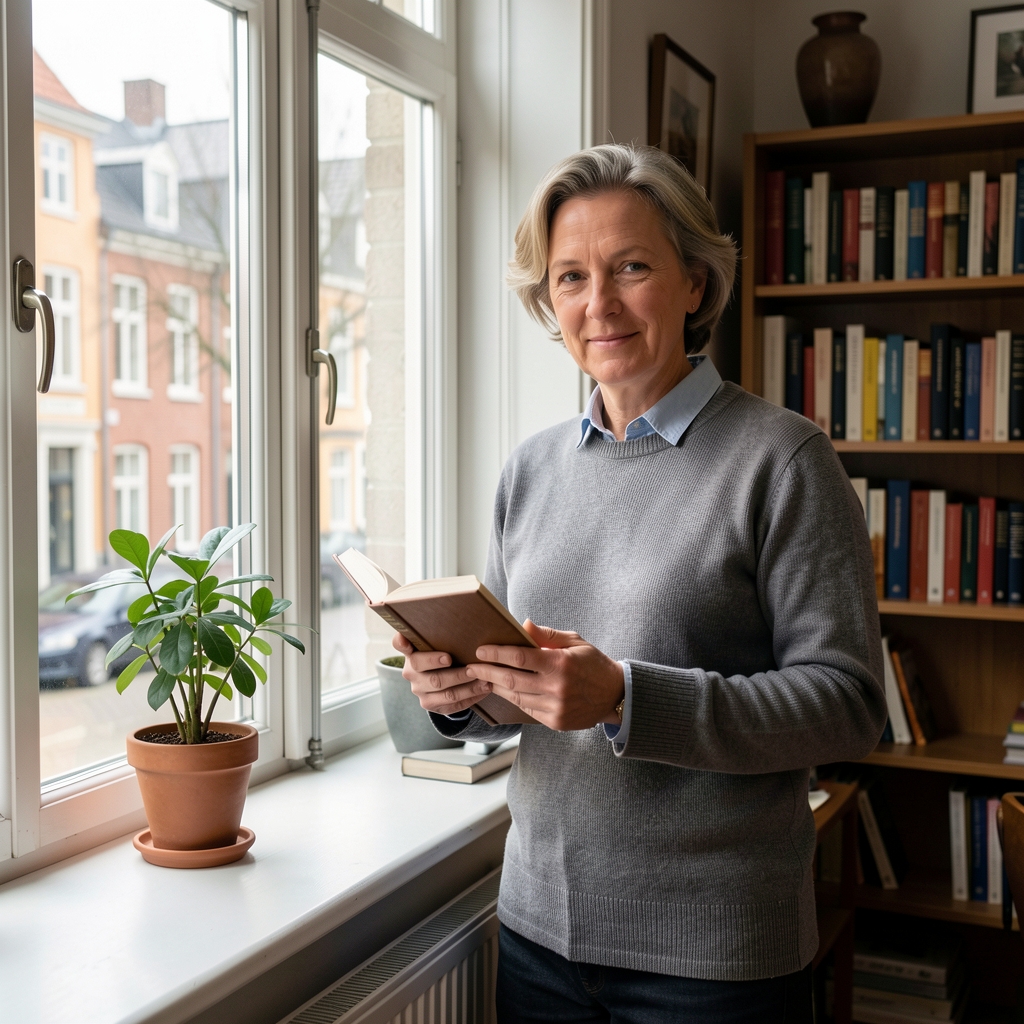Dansk redaktør med notesbog ved et vindue i et roligt København-studie